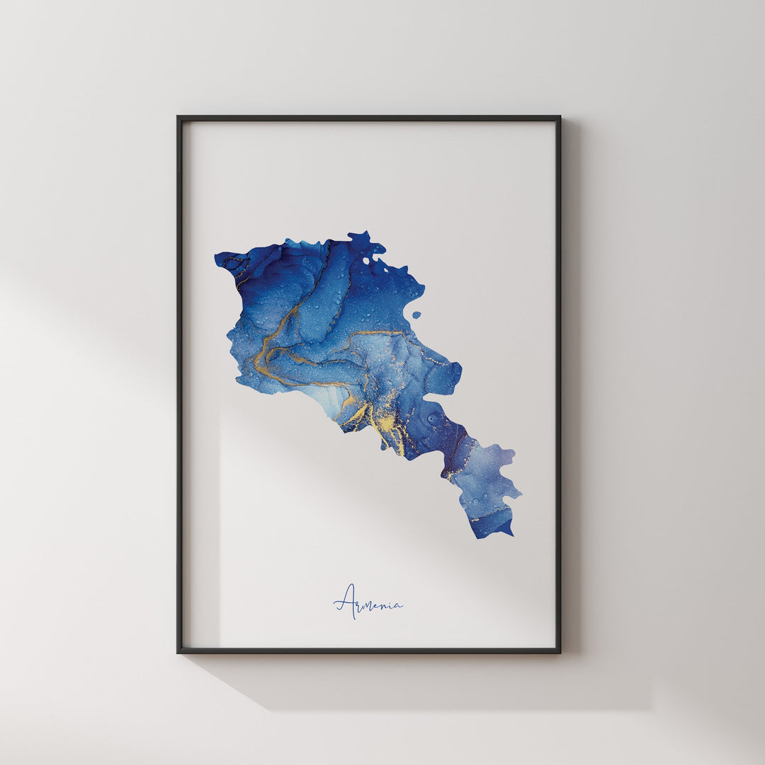 Armenia Map Blue and Gold Wall Art Print
