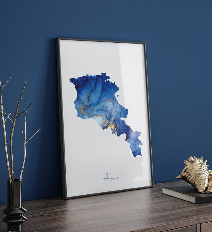 Armenia Map Blue and Gold Wall Art Print