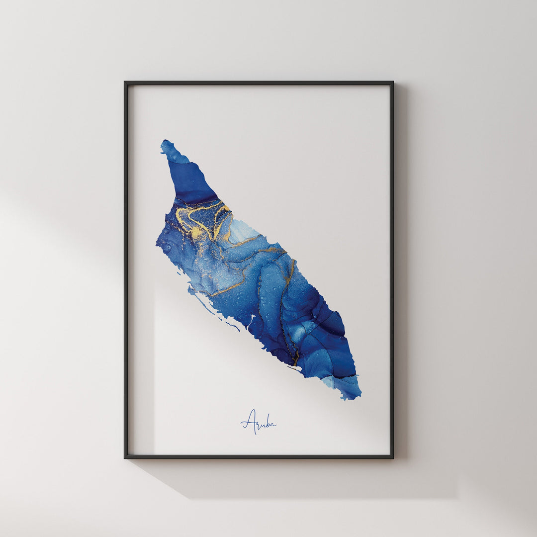Aruba Map Blue and Gold Wall Art Print