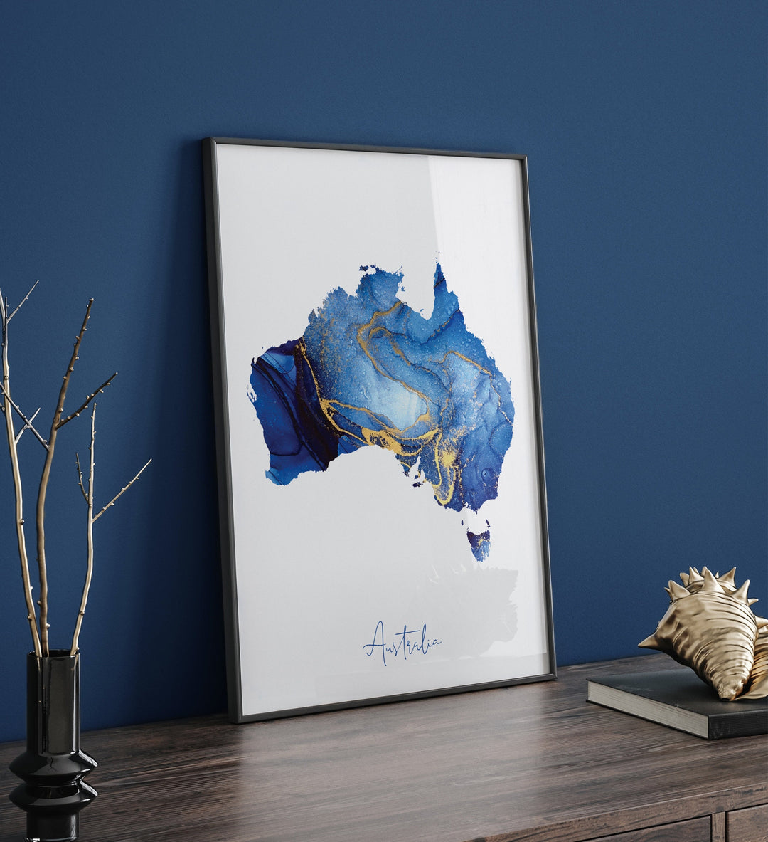 Australia Map Blue and Gold Wall Art Print
