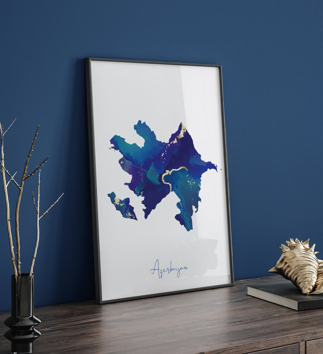 Azerbaijan Map Blue and Gold Wall Art Print