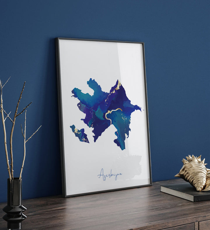 Azerbaijan Map Blue and Gold Wall Art Print