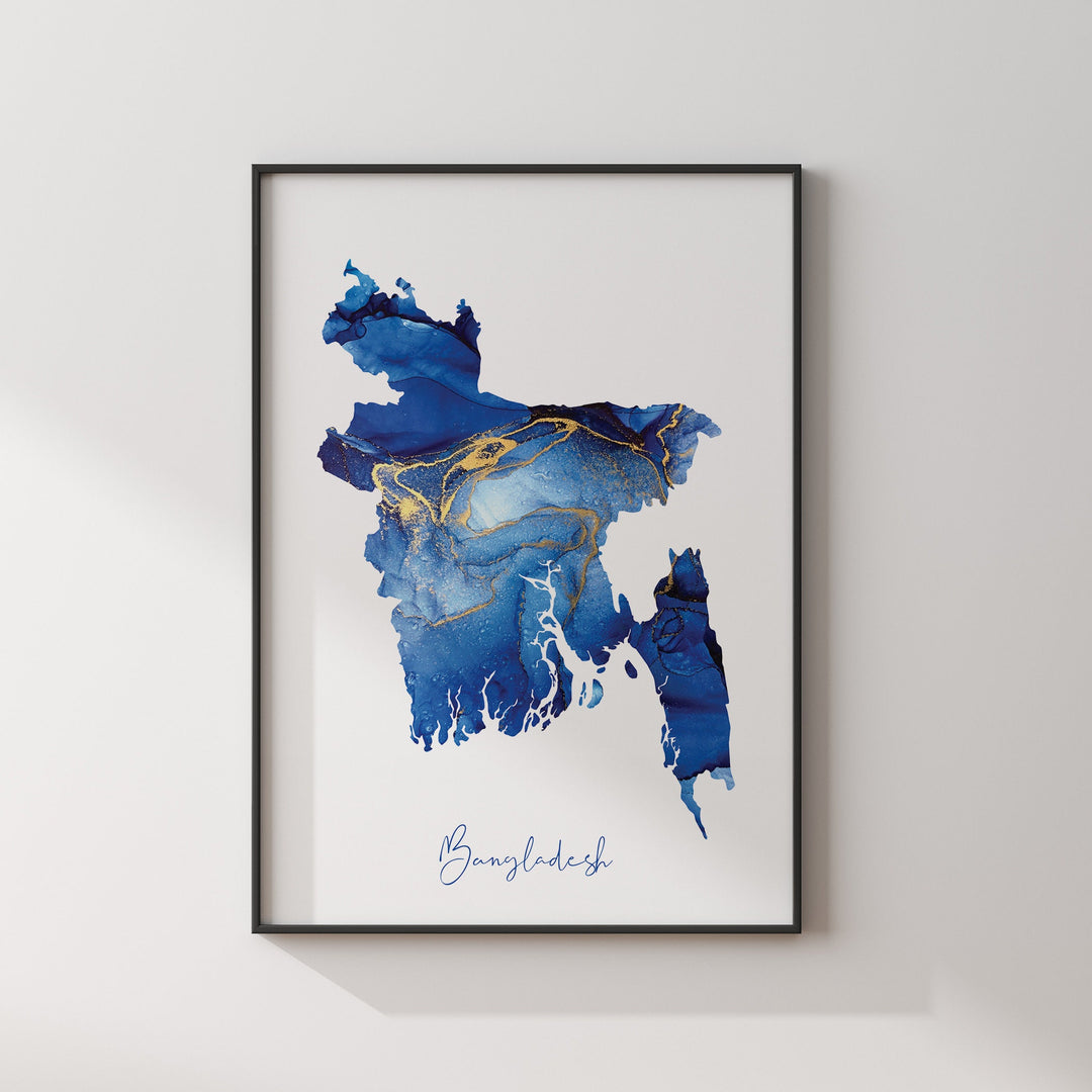 Bangladesh Map Blue and Gold Wall Art Print