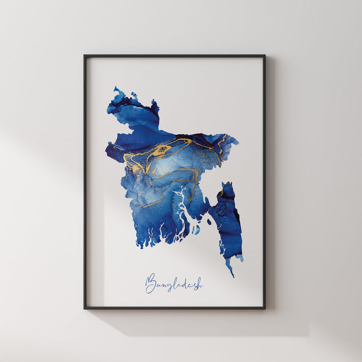 Bangladesh Map Blue and Gold Wall Art Print