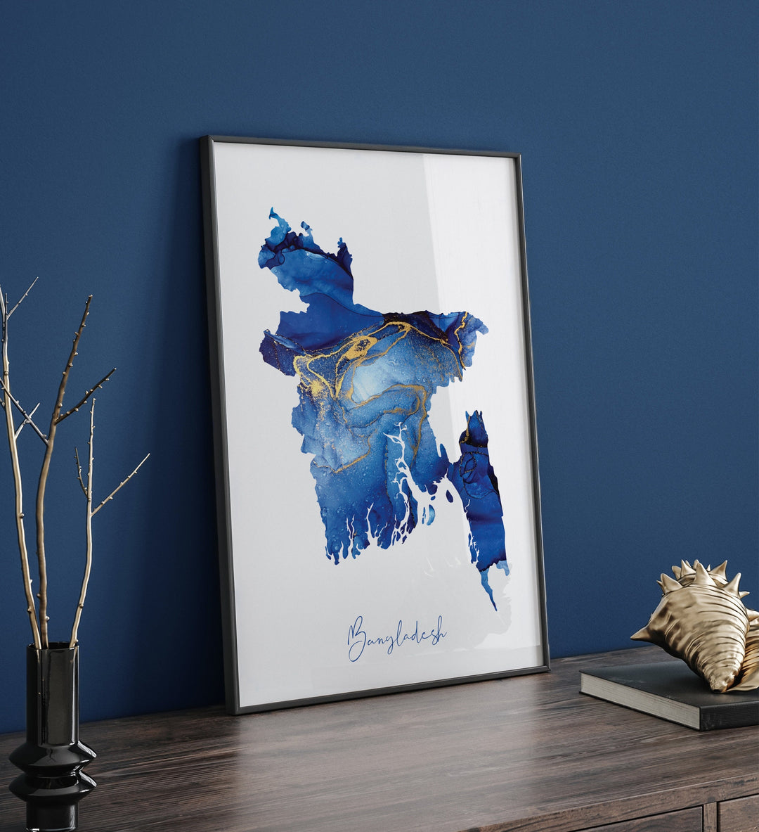 Bangladesh Map Blue and Gold Wall Art Print