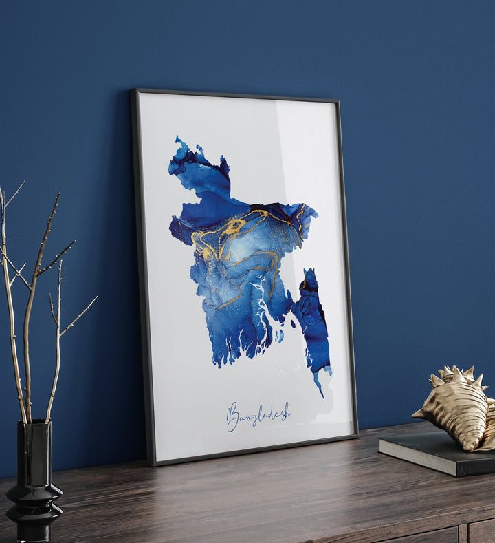 Bangladesh Map Blue and Gold Wall Art Print