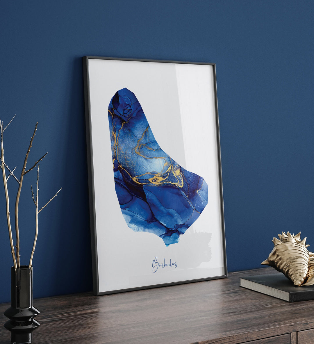 Barbados Map Blue and Gold Wall Art Print