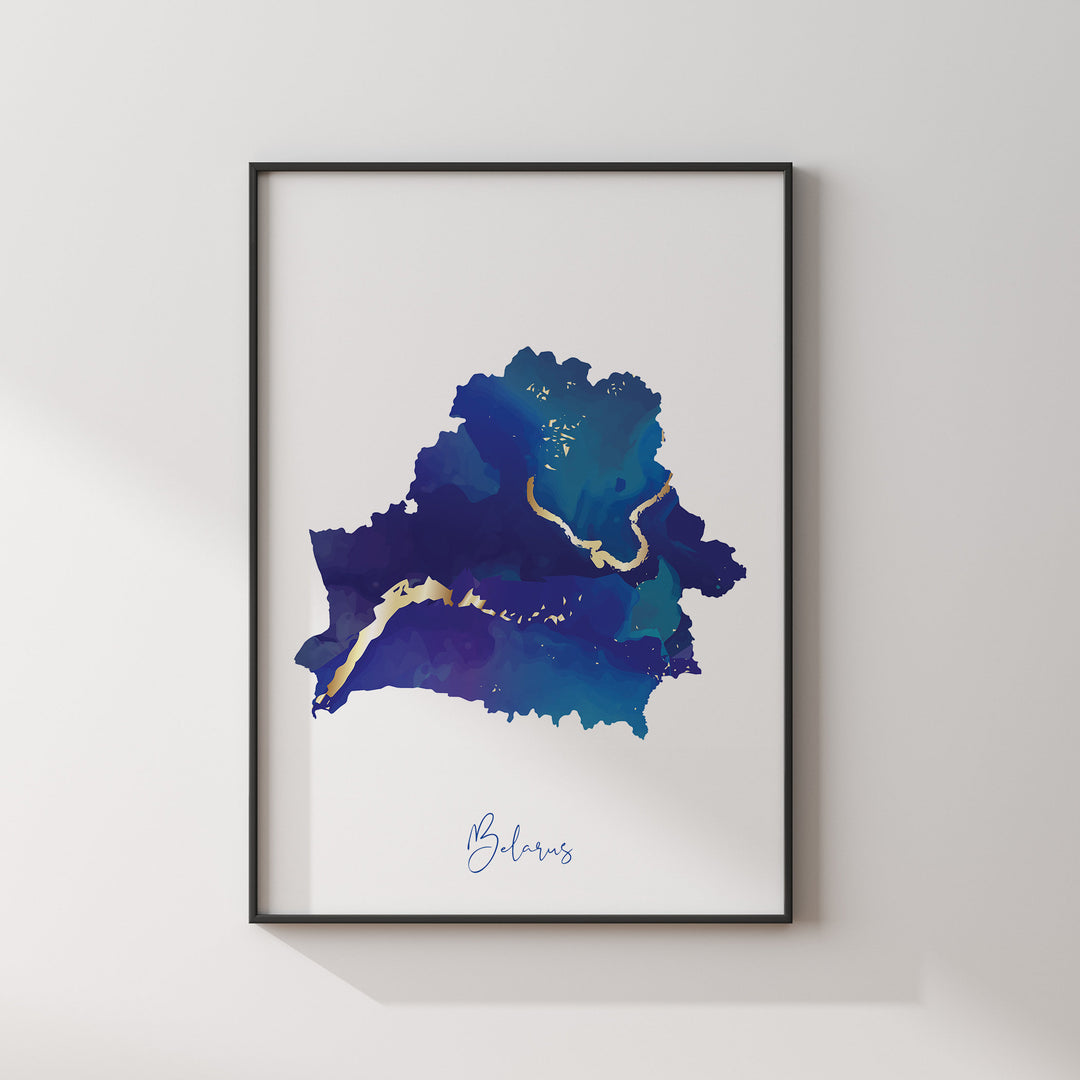Belarus Map Blue and Gold Wall Art Print