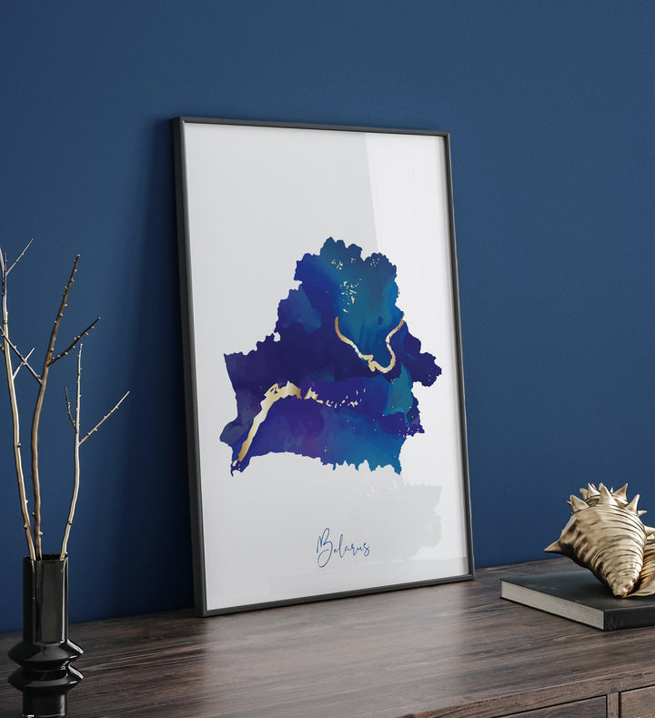 Belarus Map Blue and Gold Wall Art Print