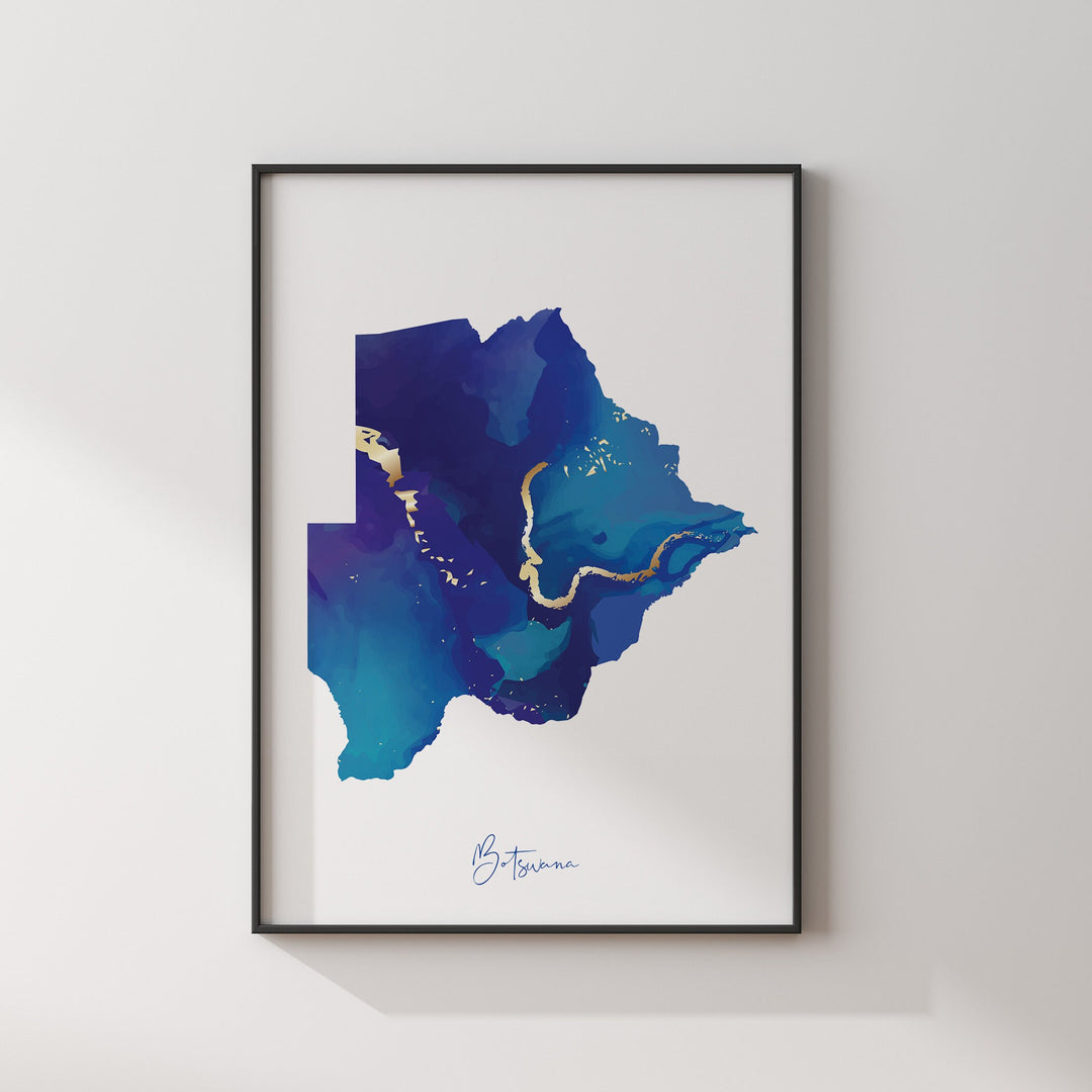 Botswana Map Blue and Gold Wall Art Print