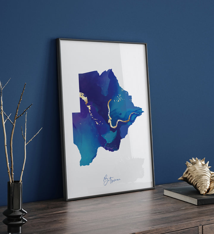 Botswana Map Blue and Gold Wall Art Print
