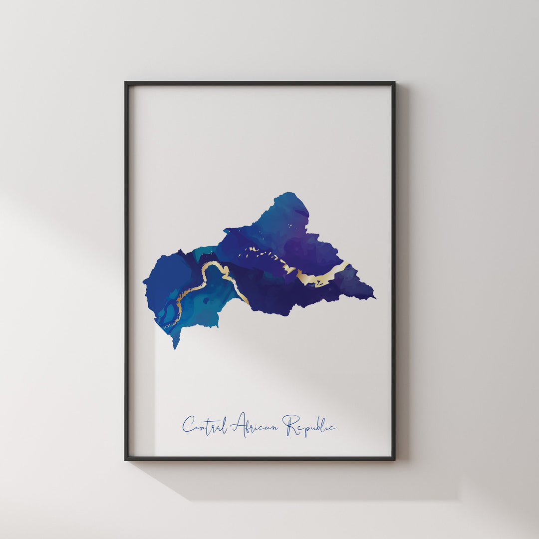 Central African Republic Map Blue and Gold Wall Art Print