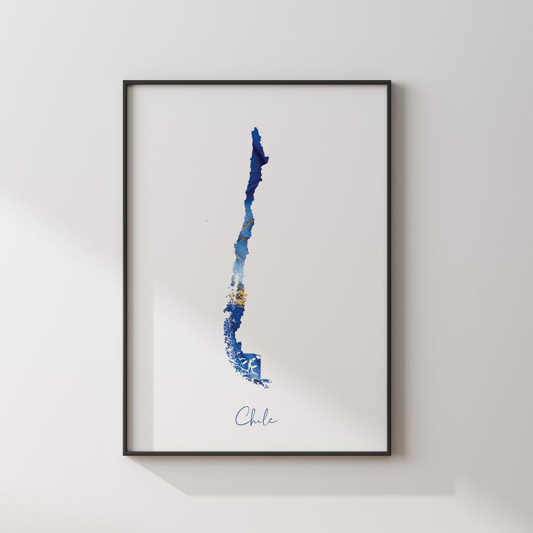 Chile Map Blue and Gold Wall Art Print