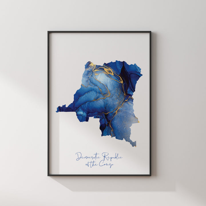 Congo Map Blue and Gold Wall Art Print