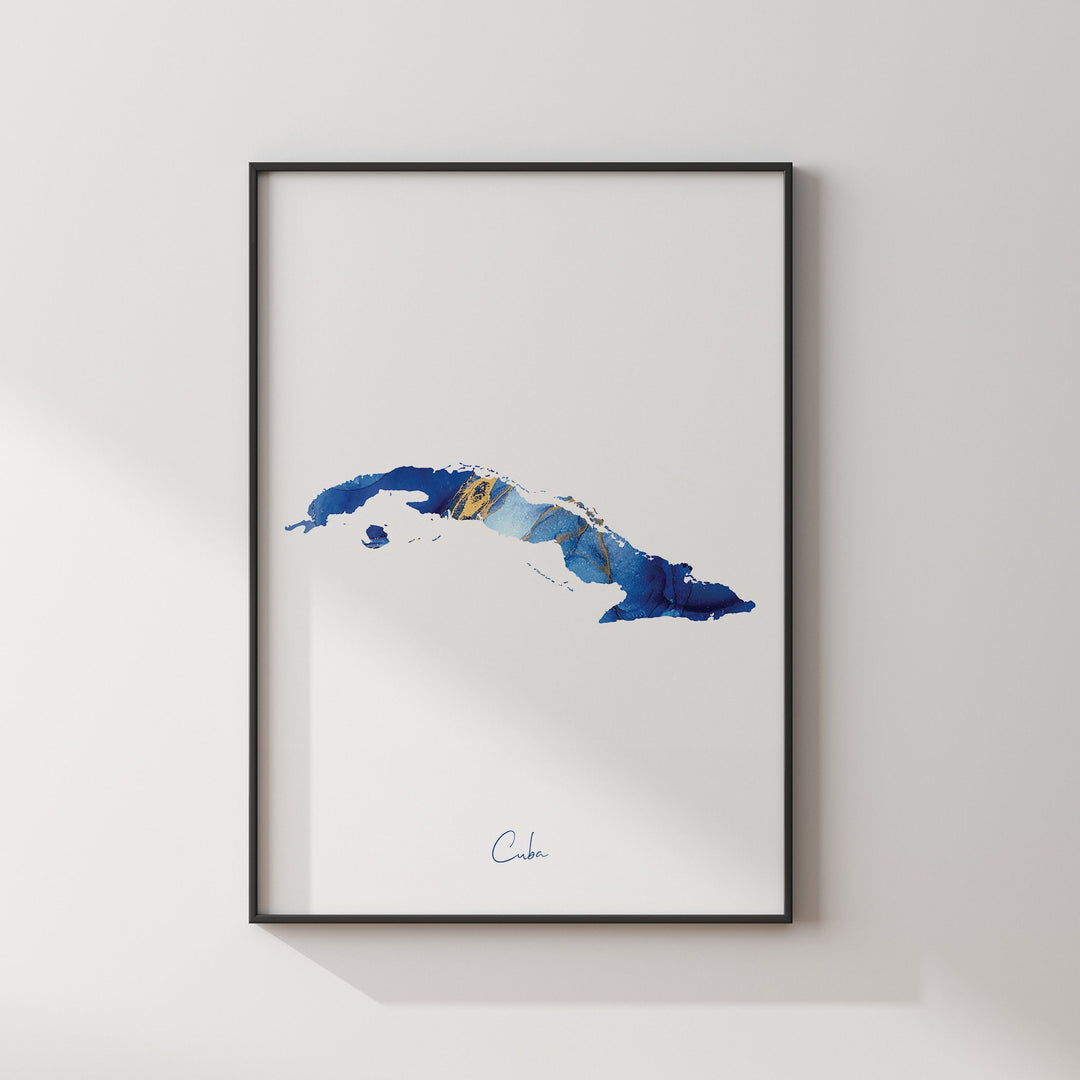 Cuba Map Blue and Gold Wall Art Print