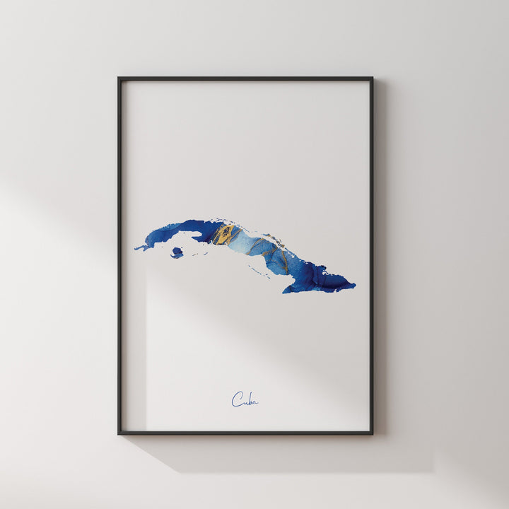 Cuba Map Blue and Gold Wall Art Print