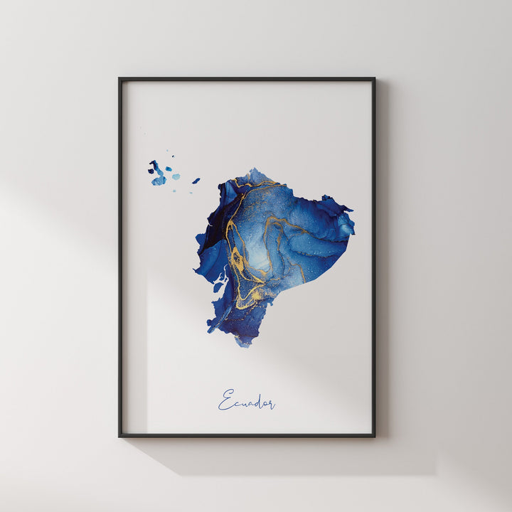 Ecuador Map Blue and Gold Wall Art Print