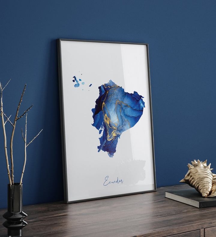 Ecuador Map Blue and Gold Wall Art Print