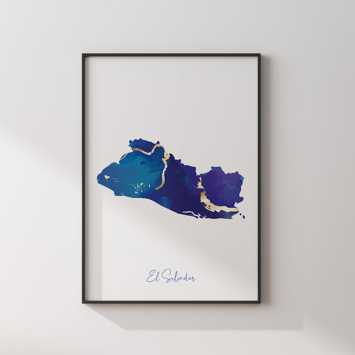 El Salvador Map Blue and Gold Wall Art Print