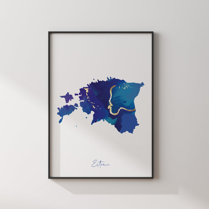 Estonia Map Blue and Gold Wall Art Print