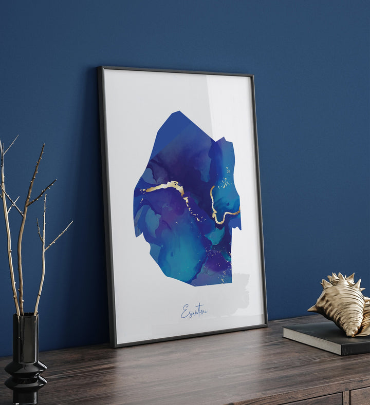 Eswatini Map Blue and Gold Wall Art Print