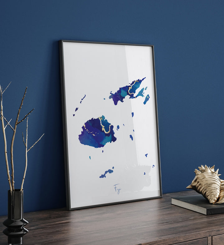 Fiji Map Blue and Gold Wall Art Print