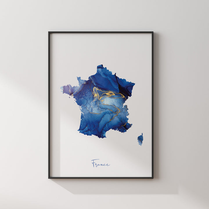 France Map Blue and Gold Wall Art Print