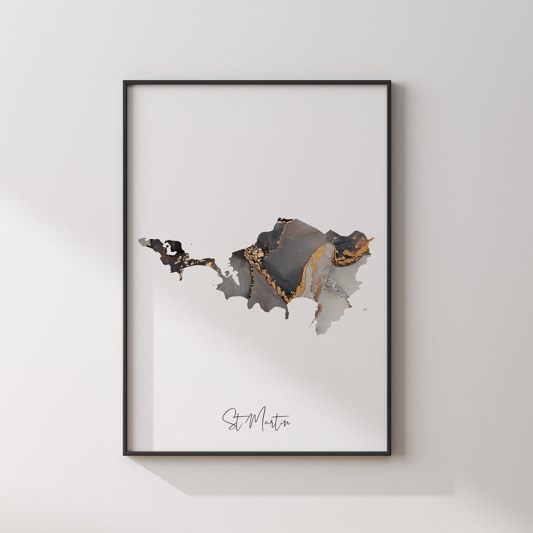 Saint Martin Map Black & Gold Wall Art Print