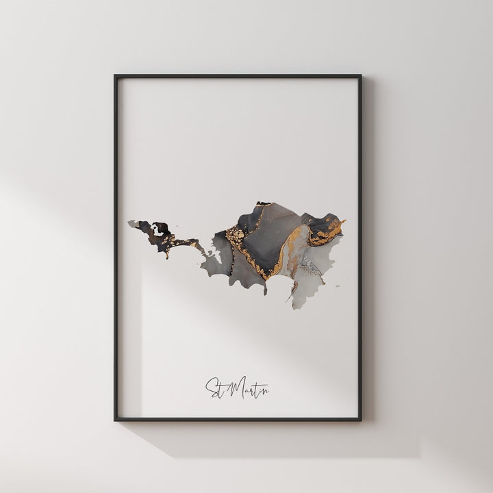 Saint Martin Map Black & Gold Wall Art Print