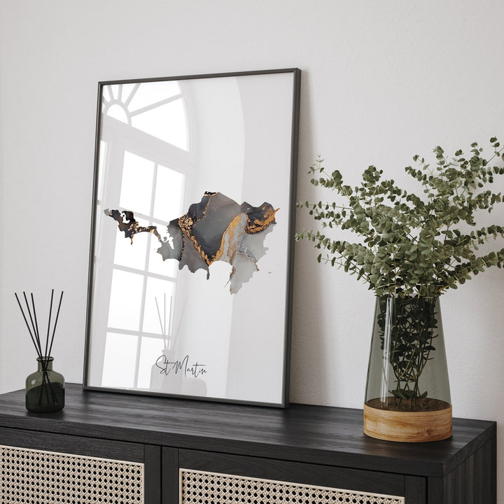 Saint Martin Map Black & Gold Wall Art Print