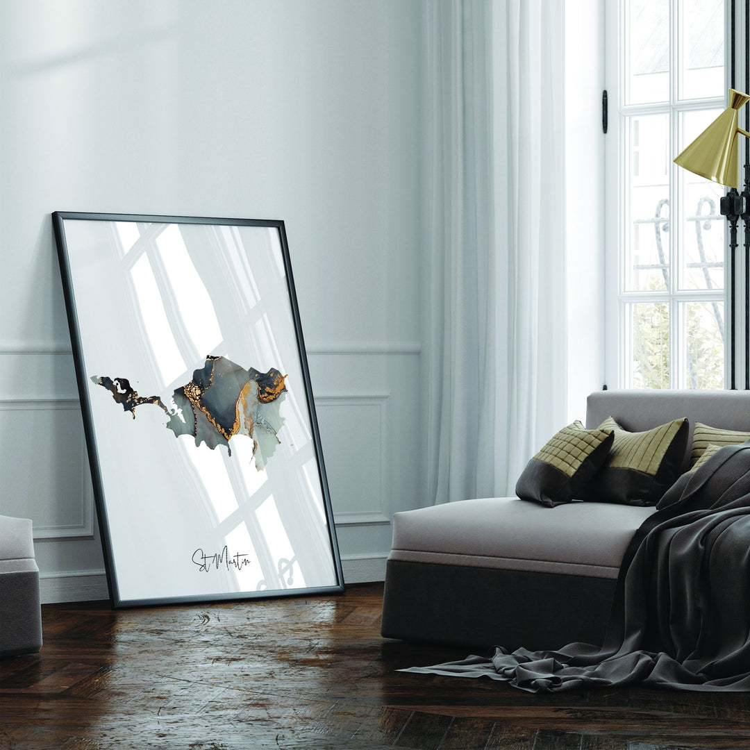 Saint Martin Map Black & Gold Wall Art Print