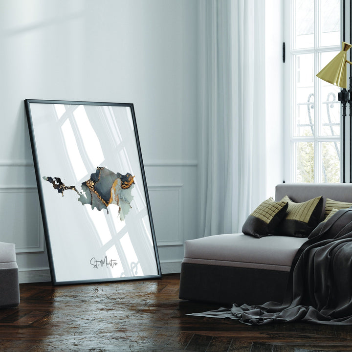 Saint Martin Map Black & Gold Wall Art Print