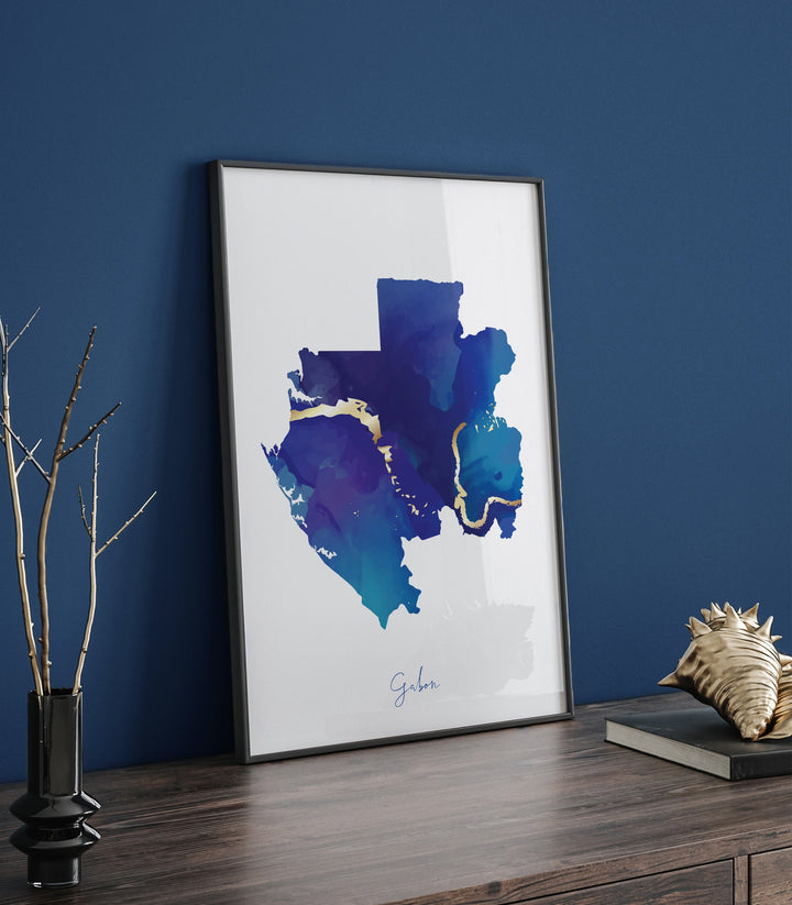 Gabon Map Blue and Gold Wall Art Print
