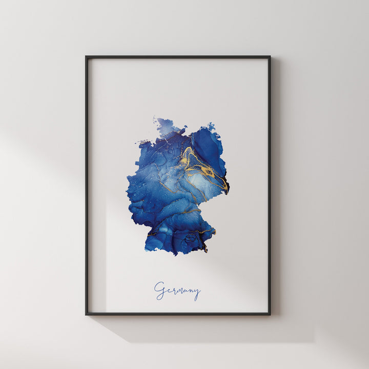 Germany Map Blue and Gold Wall Art Print