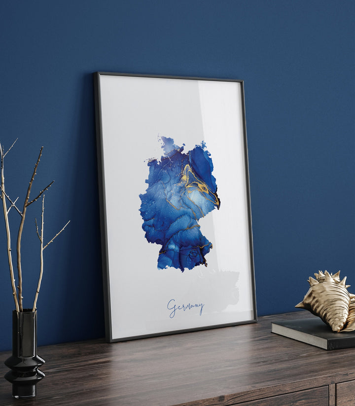 Germany Map Blue and Gold Wall Art Print