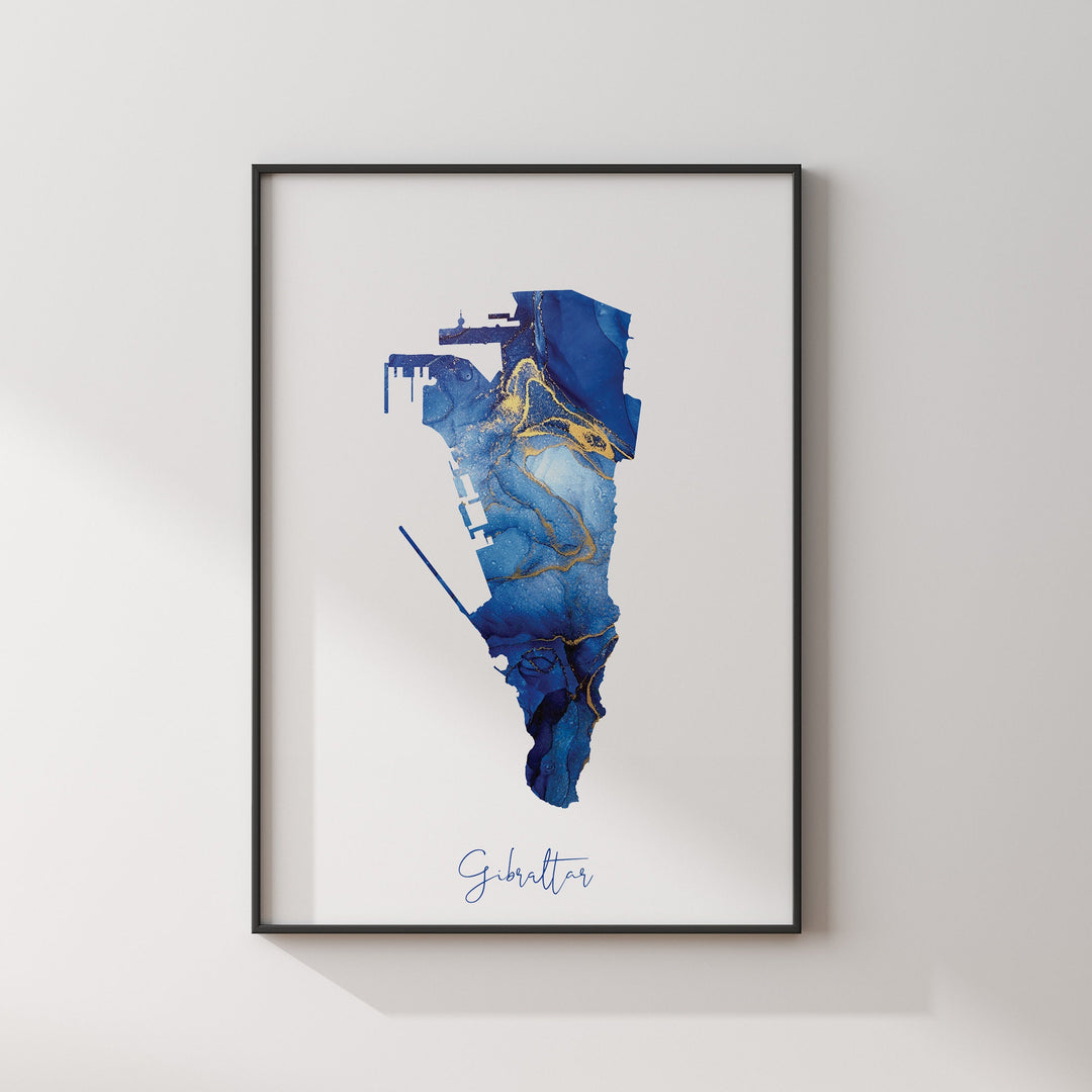 Gibraltar Map Blue and Gold Wall Art Print