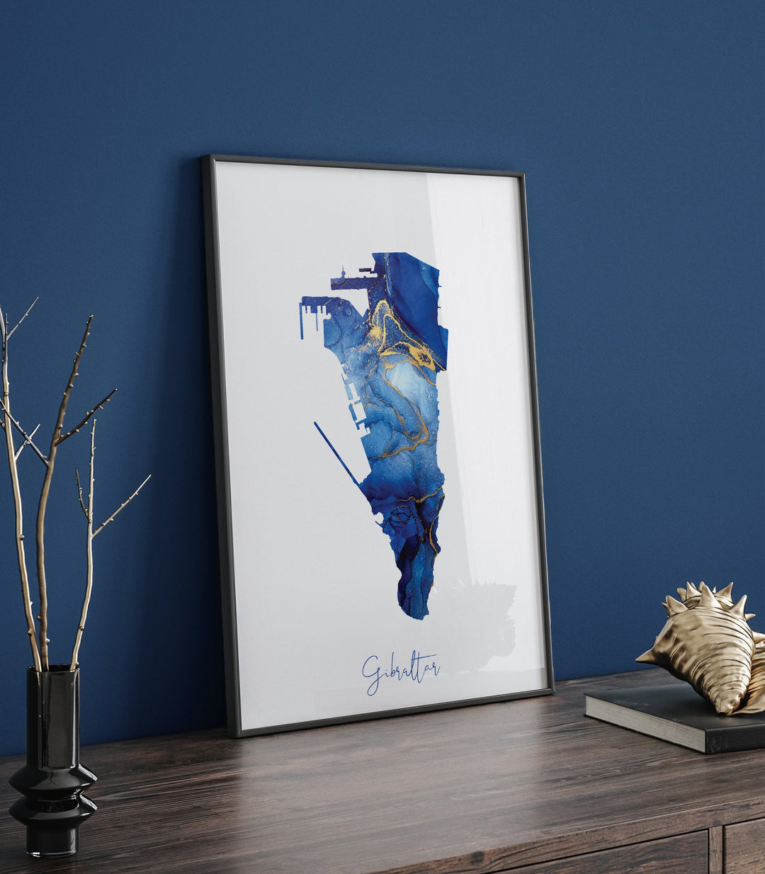 Gibraltar Map Blue and Gold Wall Art Print