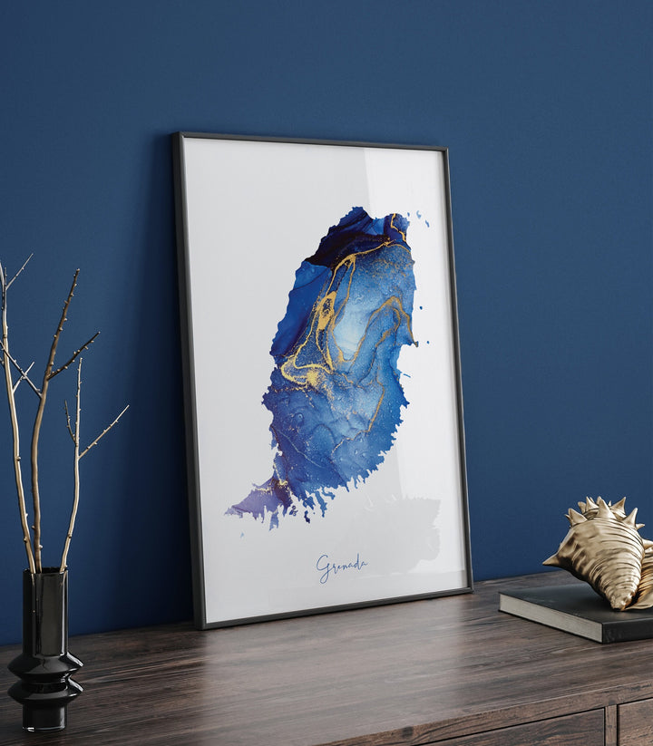 Grenada Map Blue and Gold Wall Art Print