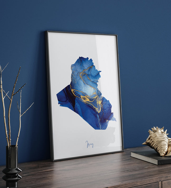 Iraq Map Blue and Gold Wall Art Print
