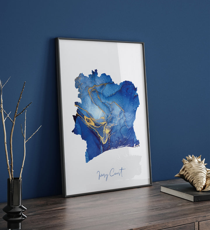 Ivory Coast Map Blue and Gold Wall Art Print