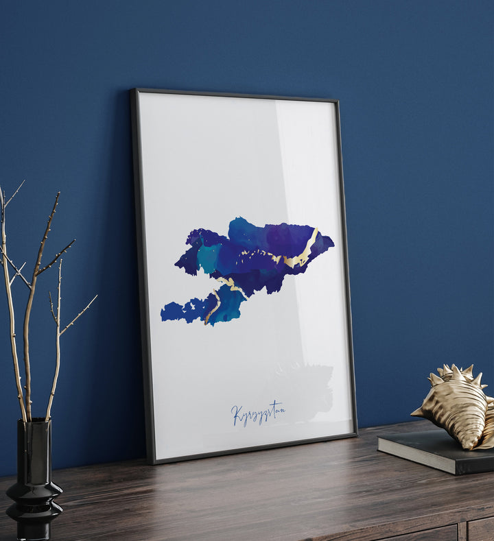 Kyrgyzstan Map Blue and Gold Wall Art Print