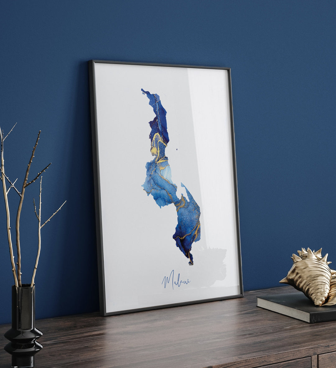 Malawi Map Blue and Gold Wall Art Print