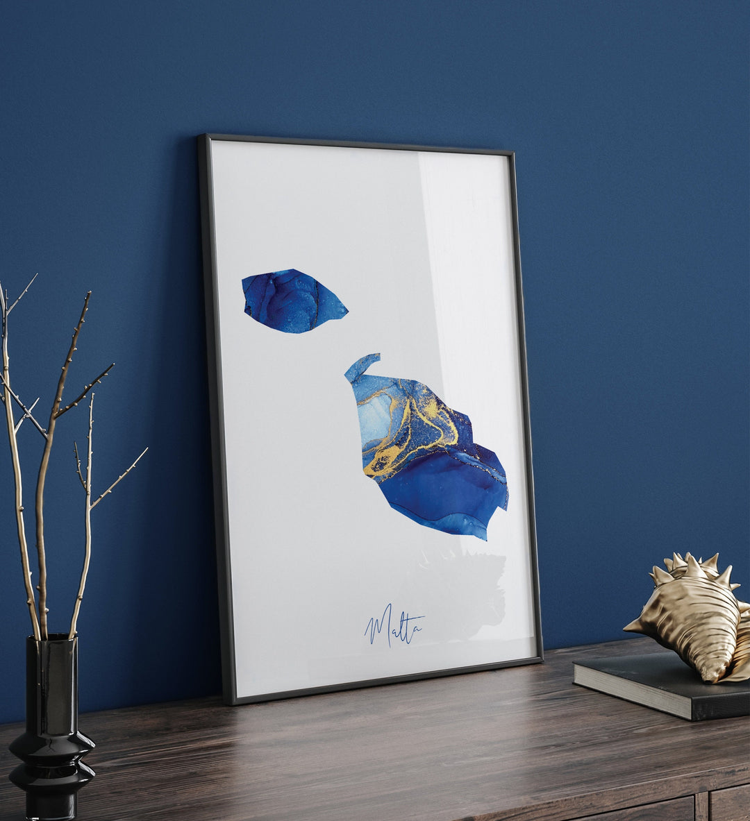 Malta Map Blue and Gold Wall Art Print