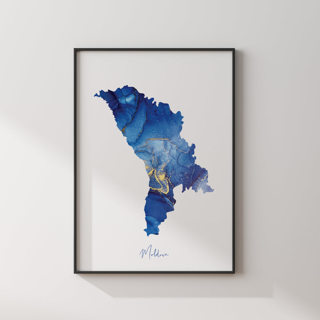 Moldova Map Blue and Gold Wall Art Print