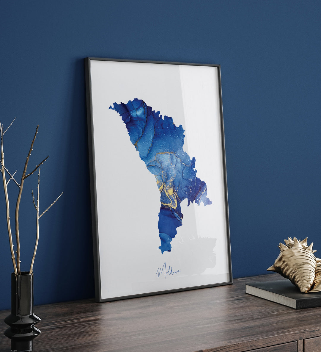 Moldova Map Blue and Gold Wall Art Print