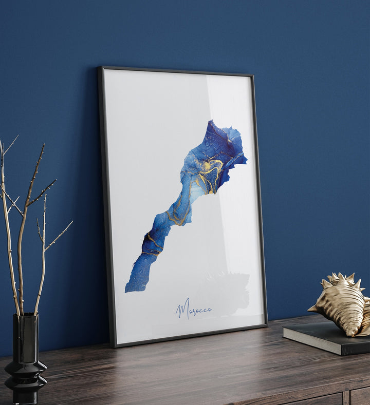 Morocco Map Blue and Gold Wall Art Print