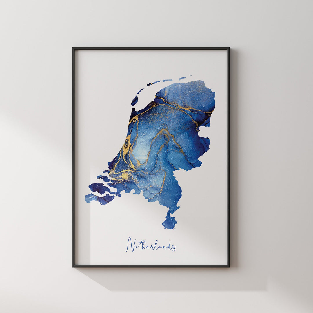 Netherlands Map Blue and Gold Wall Art Print