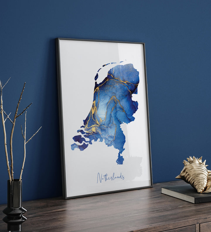 Netherlands Map Blue and Gold Wall Art Print