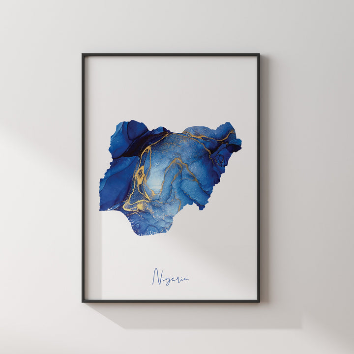 Nigeria Map Blue and Gold Wall Art Print