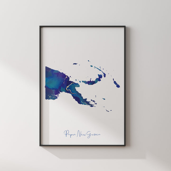 Papua New Guinea Map Blue and Gold Wall Art Print